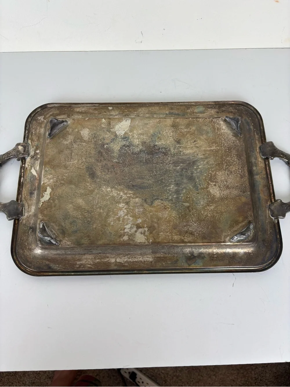 Vintage Ornate Decorative Serving Tray in Distressed Silver Tone